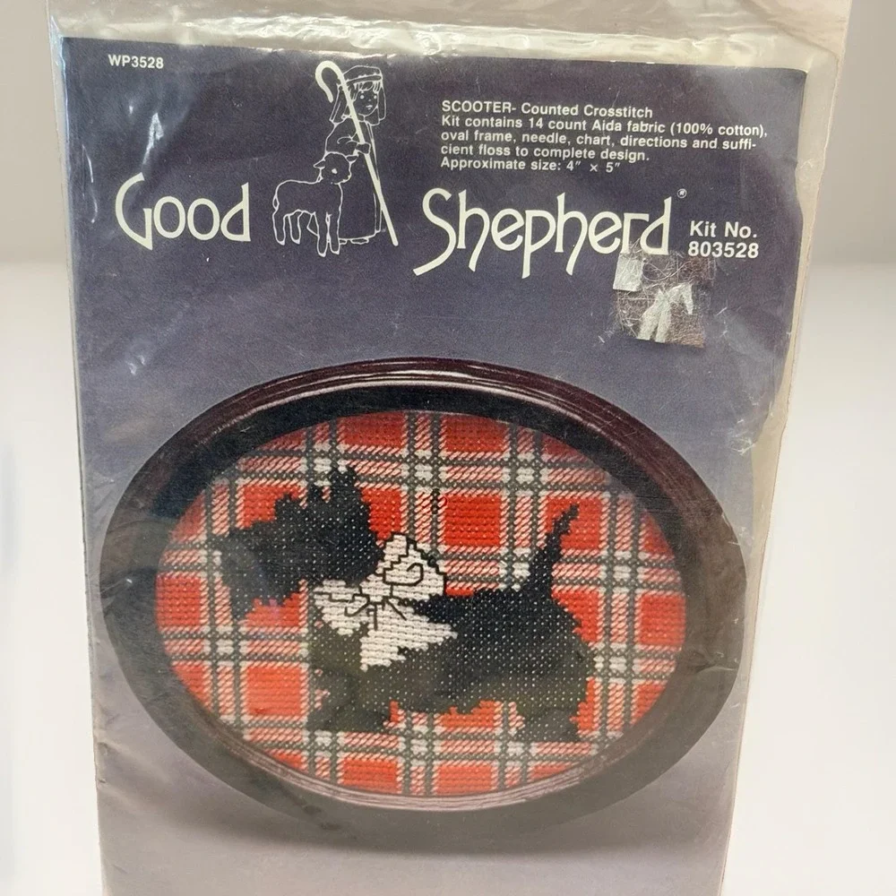 Vintage Scottie Dog Good Shepherd Cross Stitch Kit# 803528 Floss NOS Sealed Xmas